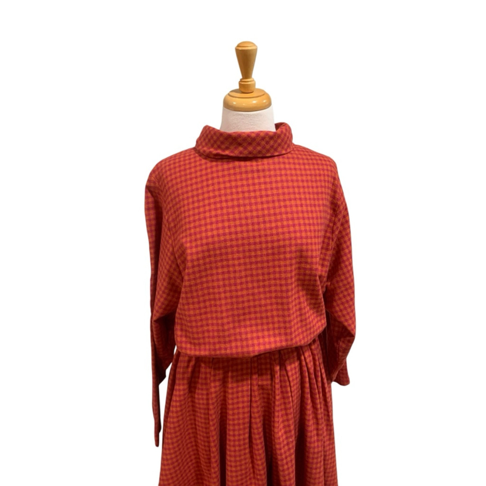 Vntg 60’s Women's homemade Long Sleeve wool Dress pink & Orange Gingham Volup - Picture 2 of 10